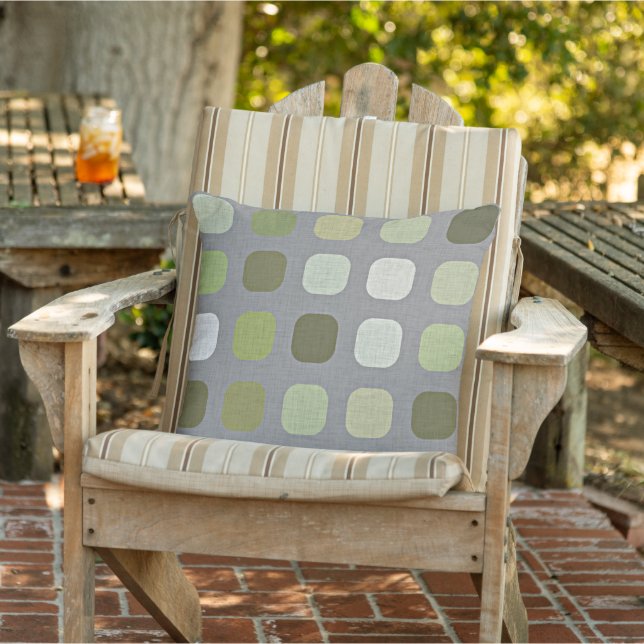 Sage Olive Green Round Squares Pattern On Grey Outdoor Pillow (Chair)
