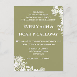Sage Olive Green & White Vintage Floral Wedding Invitation Postcard