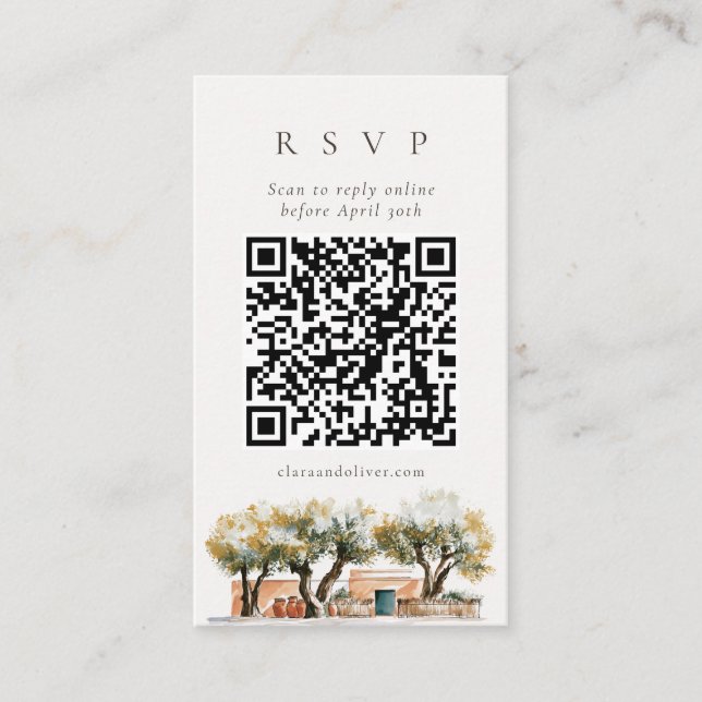 Sage Olive Grove Mediterranean QR Code RSVP Card (Front)