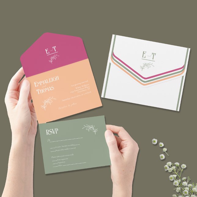 Sage Orange & Fuschia Pink Simple Modern Wedding All In One Invitation (Creator Uploaded)