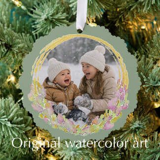 Sage Original Watercolor Christmas Photo Ornament Card