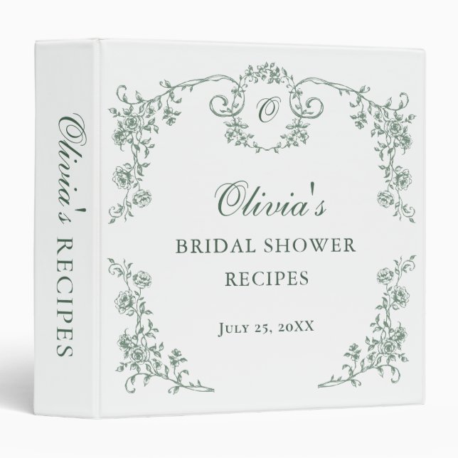 Sage Ornate Grace Victorian Bridal Shower Recipe Binder (Front/Spine)
