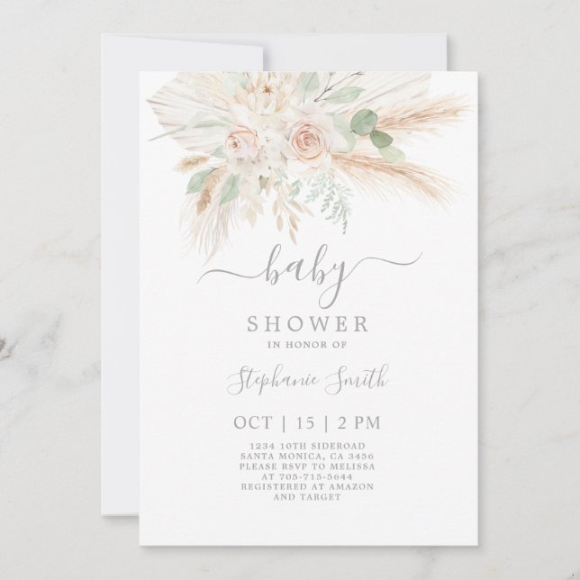 Sage pampas Floral Baby Shower Invitation (Front)