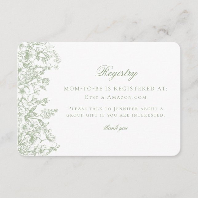 Sage Pastel Chinoiserie Floral Baby Registry Card (Front)