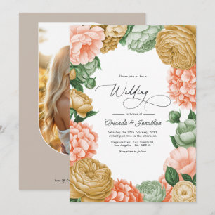 Sage, Peach & Antique Gold Floral Wedding Invitation