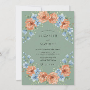 Sage Peach Blue Floral Wedding Invitation