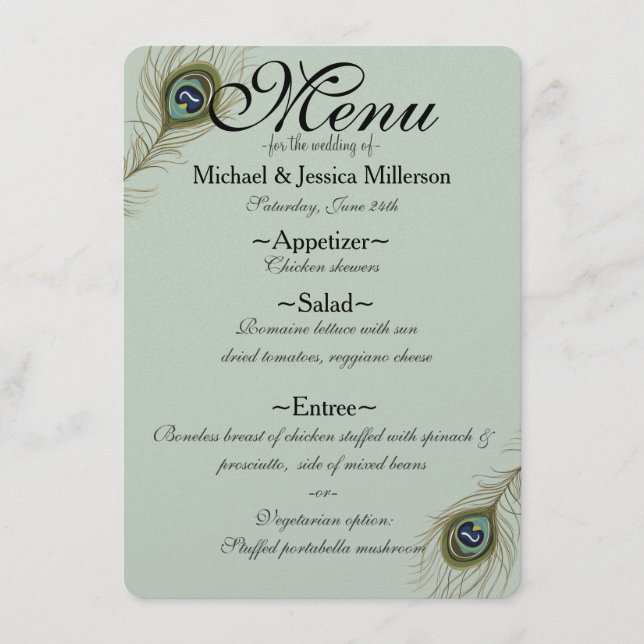 Sage Peacock Feather Wedding Menu (Front)
