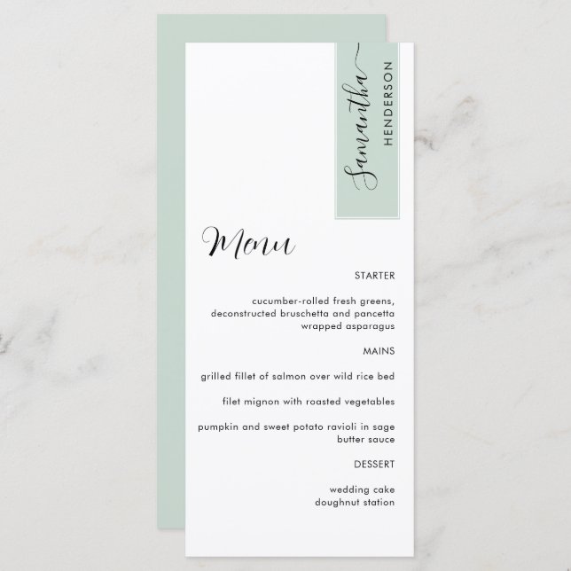Sage Personalized with Guest Name Elegant Menu (Front/Back)