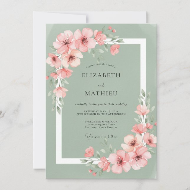 Sage Pink Blossom Romance Wedding Invitation (Front)