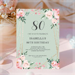 Sage | Pink Blush Floral 80th Birthday Invitation<br><div class="desc">Customizable 80th birthday invitation,  featuring pretty pink blush floral bouquets and leafy greenery on a sage green background,  with a gold geometric frame.</div>