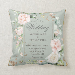 Sage Pink Blush Romantic Floral Wedding Invitation Throw Pillow