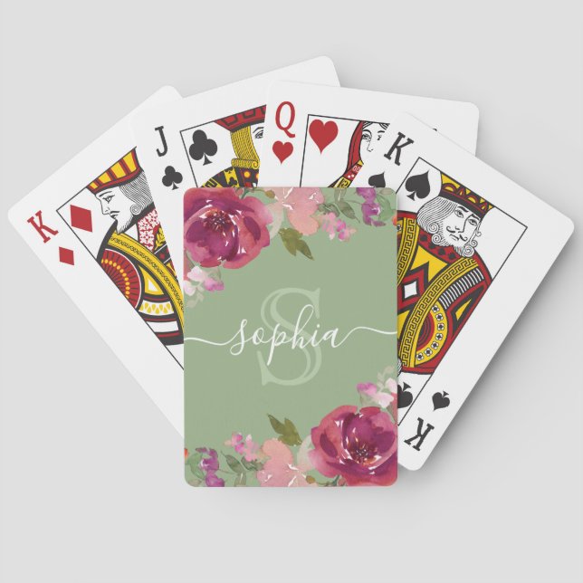 Sage Pink Floral Monogrammed Script Name Playing Cards (Back)