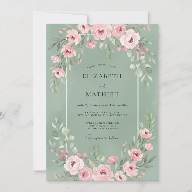 Sage Pink Floral Wedding Invitation (Front)