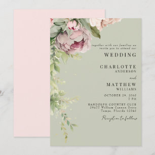 Sage & Pink Watercolor Peonies Elegant Wedding Invitation