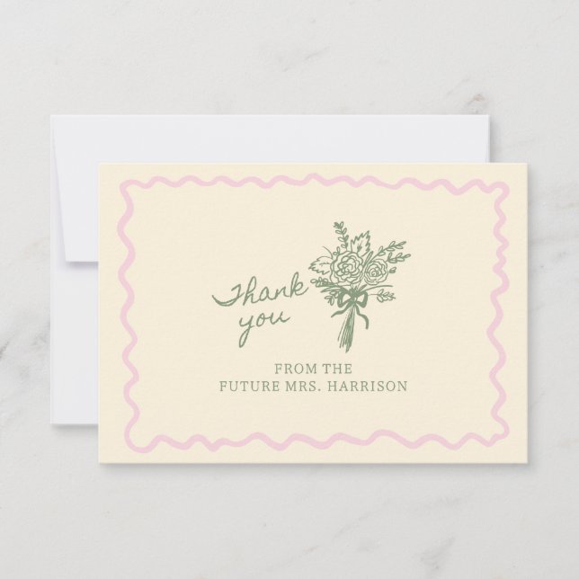 Sage Pink Whimsical Handwritten Thank You Card (Front)