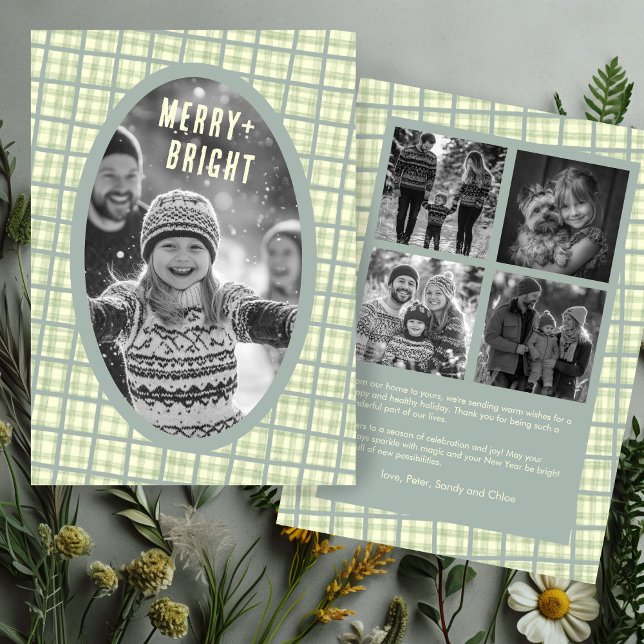 Sage Plaid Gingham Christmas Custom Photo Collage Holiday Card (Sage Plaid Gingham Christmas Custom 5 Photo Collage Holiday Card
)