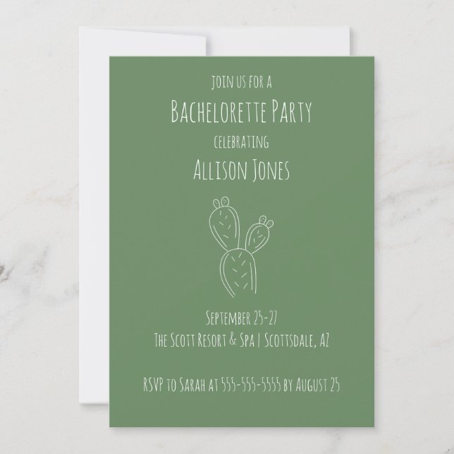 Sage Prickly Pear Cactus Bachelorette Party Invitation (Front)