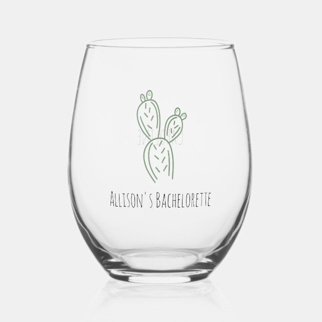Sage Prickly Pear Cactus Bachelorette Wine Glass (Front)