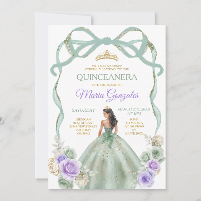 Sage Purple Bow Princess Gold Crown Quinceañera Invitation (Front)