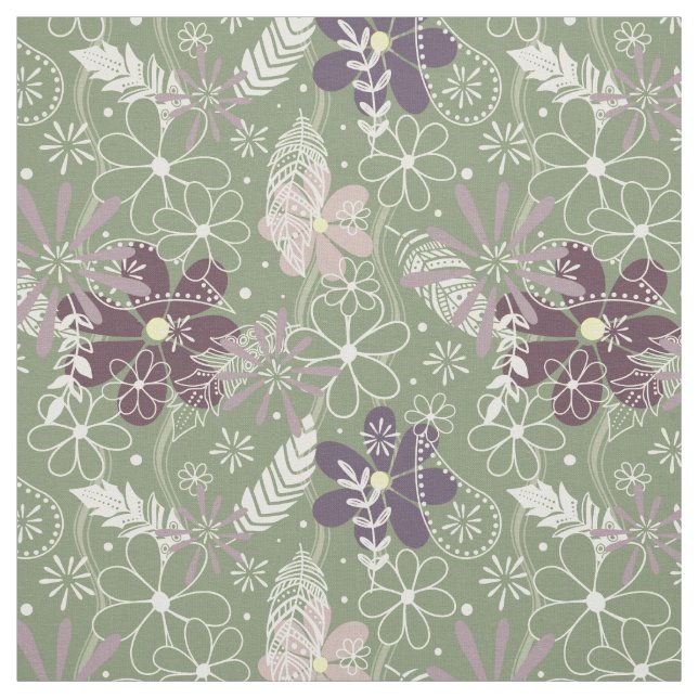 sage purple plum lilac feathers flowers pattern fabric (Swatch)