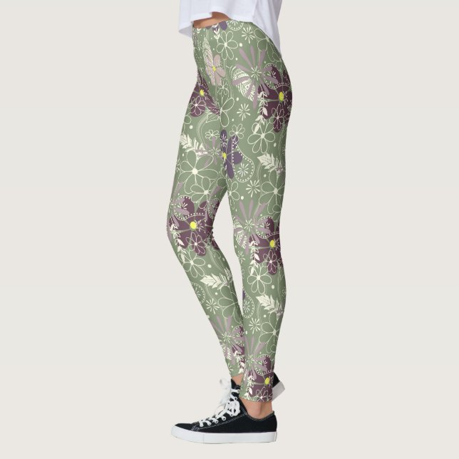 sage purple plum lilac feathers flowers pattern leggings (Left)