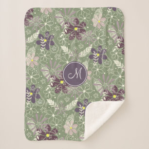sage purple plum lilac feathers flowers pattern sherpa blanket