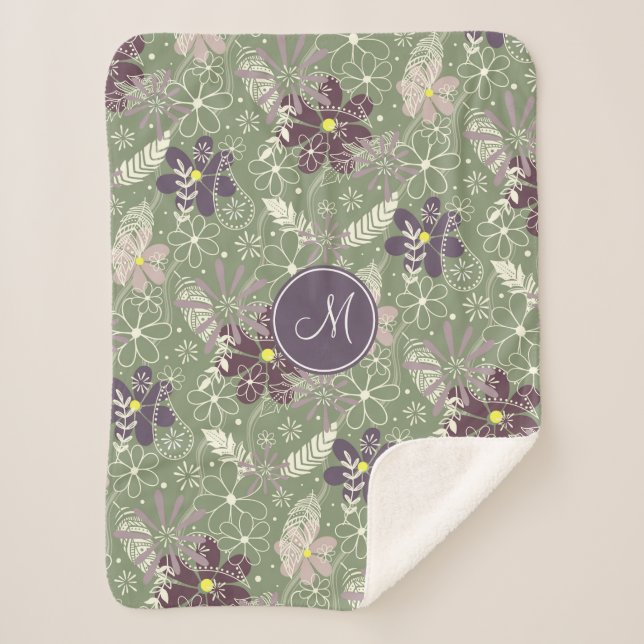 sage purple plum lilac feathers flowers pattern sherpa blanket (Front)