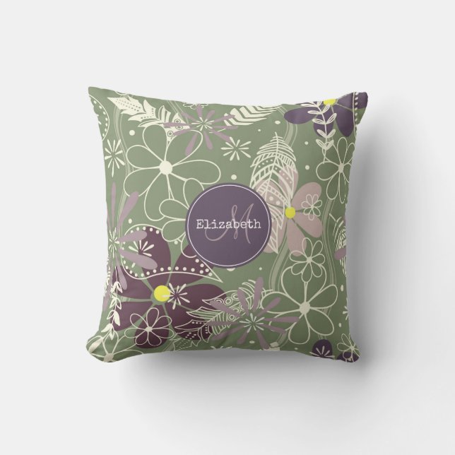 sage purple plum lilac feathers flowers pattern throw pillow (Front)