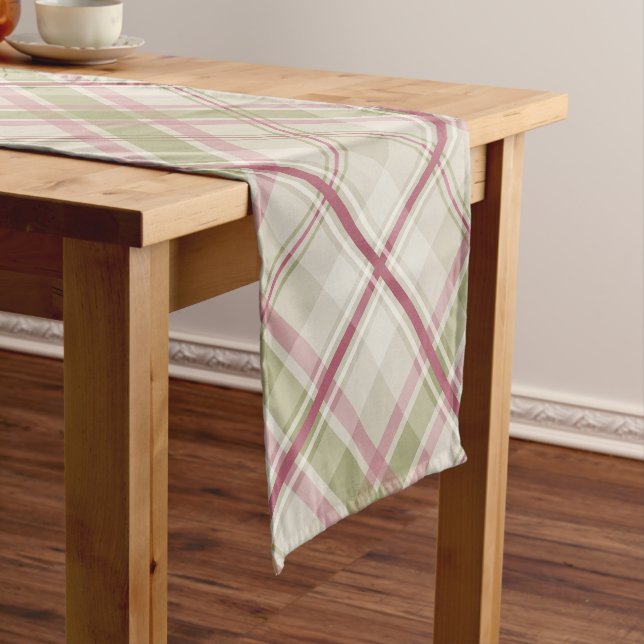 sage raspberry cream diagonal plaid pattern short table runner (In Situ)