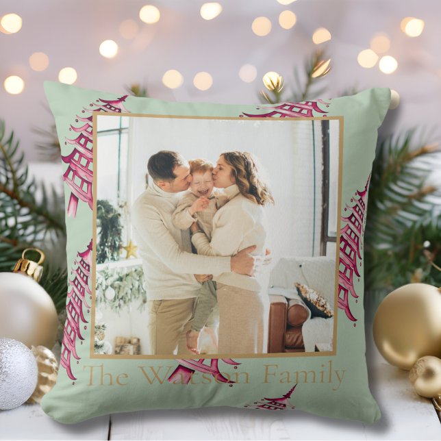 Sage red Pagoda Merry Christmas Tree 1-Photo  Throw Pillow (Sage red Pagoda Merry Christmas Tree 1-Photo Throw Pillow)