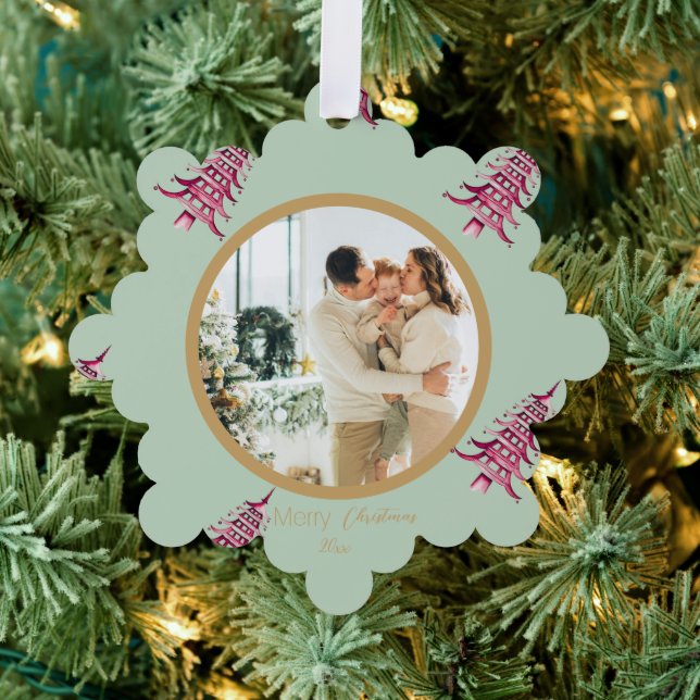 Sage red Pagoda Merry Christmas Tree 2-Photo Ornament Card (Insitu (Tree))