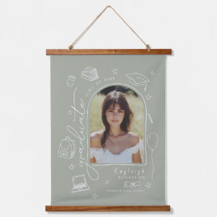 Sage Retro Hand Drawn Photo Graduation Hanging Tapestry