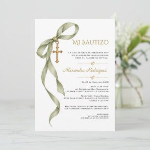 Sage Ribbon Gold Cross Baptism Spanish Bautizo Invitation