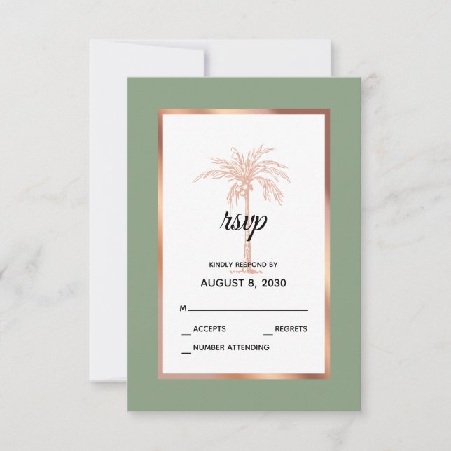 Sage Rose Gold Copper Palm Tree Beach Wedding RSVP Card (Front)