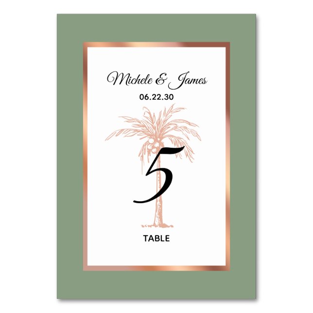 Sage Rose Gold Copper Palm Tree Modern Wedding Table Number (Front)
