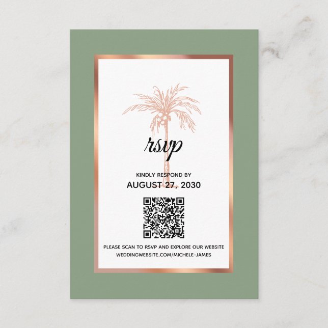 Sage Rose Gold Copper Palm Tree QR Code Wedding RSVP Card (Front)