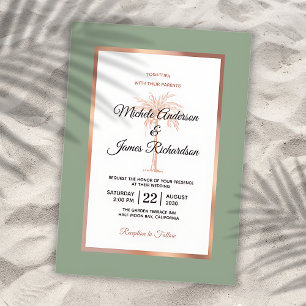 Sage Rose Gold Copper Palm Tree Tropical Wedding Invitation