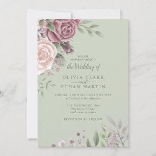Sage Rustic Dusty Rose Watercolor Boho Flowers Inv Invitation