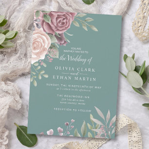 Sage Rustic Dusty Rose Watercolor Boho Flowers Invitation