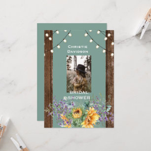 Sage Rustic Sunflower Photo Lights Bridal Shower Invitation