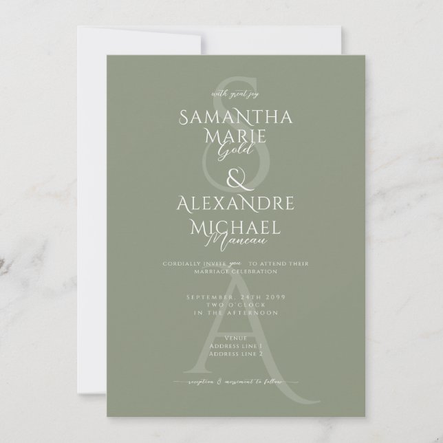 Sage Script Divine Contemporary Monogram Wedding Invitation (Front)