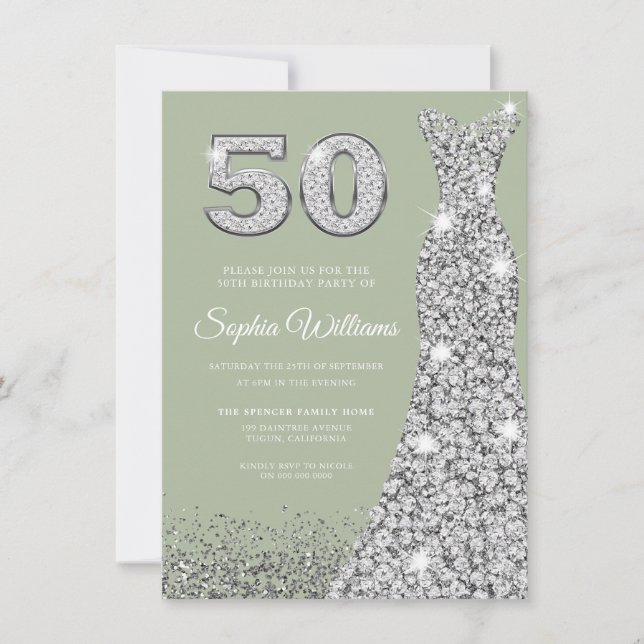 Sage & Silver Gown 50th Birthday Party Invitation (Front)