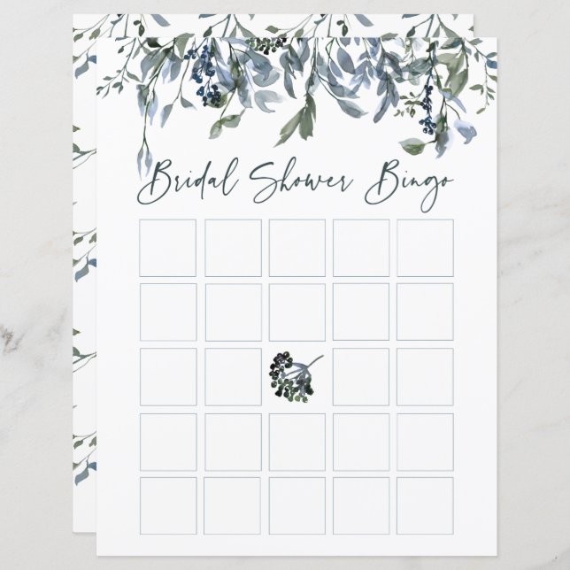 Sage Silver Green Floral Bridal Shower Bingo (Front/Back)