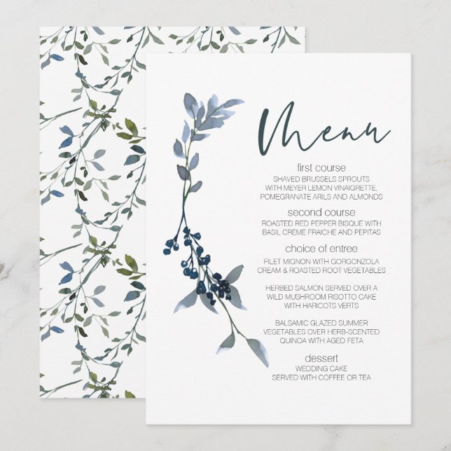 Sage Silver Green Floral Menu Mariage (Devant / Derrière)