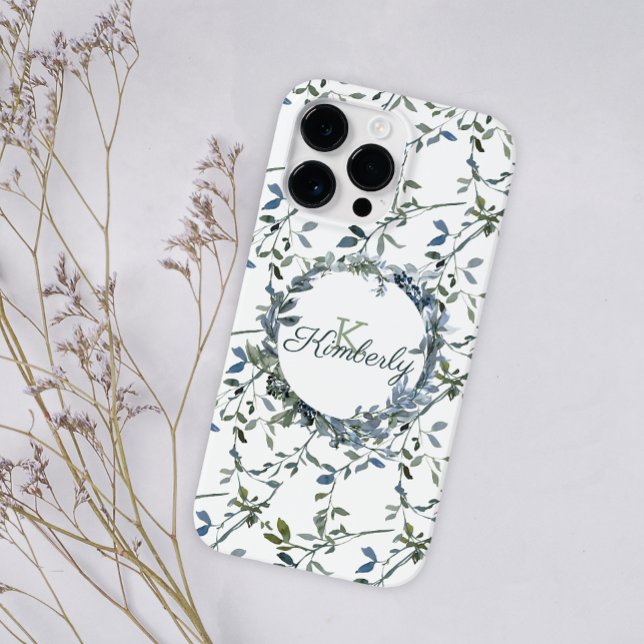 Sage Silver Green Floral Monogram Name Case-Mate Case-Mate iPhone Case (Creator Uploaded)