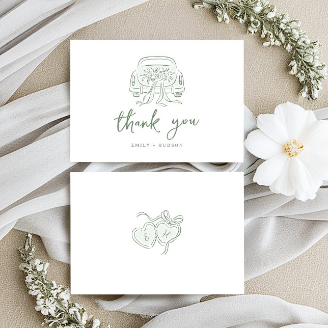 Sage Sketched Just Married Car Couples Monogram Thank You Card (Sage Sketched Just Married Car Couples Monogram Thank You Card)