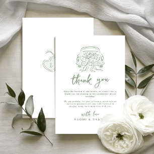 Sage Sketched Just Married Car Couples Monogram Thank You Card