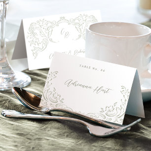 Sage Sketched Vintage Flourish Foldable Place Card