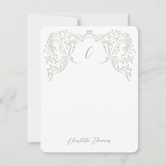 Sage Sketched Vintage Flourish Monogram Stationery Card (Front)