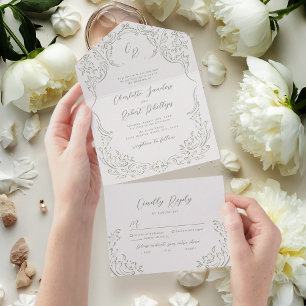 Sage Sketched Vintage Flourish Monogram Wedding All In One Invitation